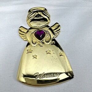 Gloria Duchin 2000 February Angel Brooch Gold Tone‎ Purple Heart Stars